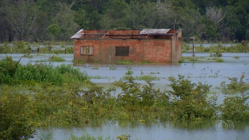 Casas são tomadas pela água depois de enchente em Pium (Foto: Reprodução/TV Anhanguera)