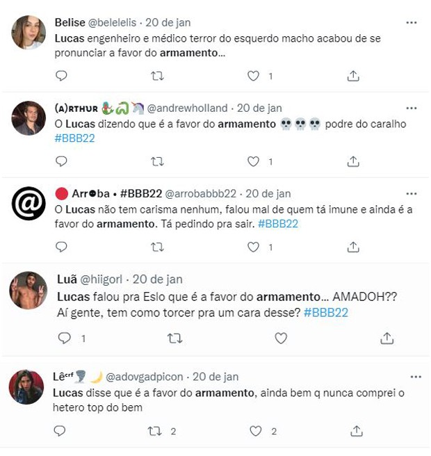 Internautas criticam fala de Lucas sobre armamento (Foto: Reprodução / Twitter)