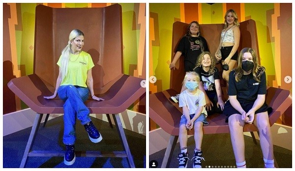 A atriz Tori Spelling e os cinco filhos dela durante hospedagem em hotel de Los Angeles (Foto: Instagram)