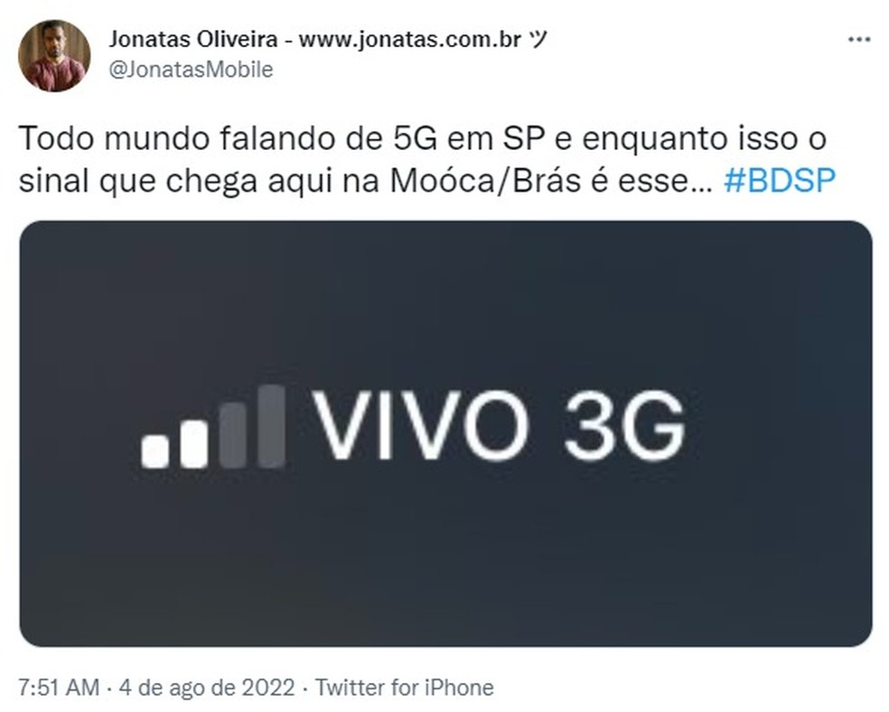 Usuário reclama do sinal 5G à cidade de São Paulo nesta quinta-feira (4) — Foto: Reprodução/Twitter
