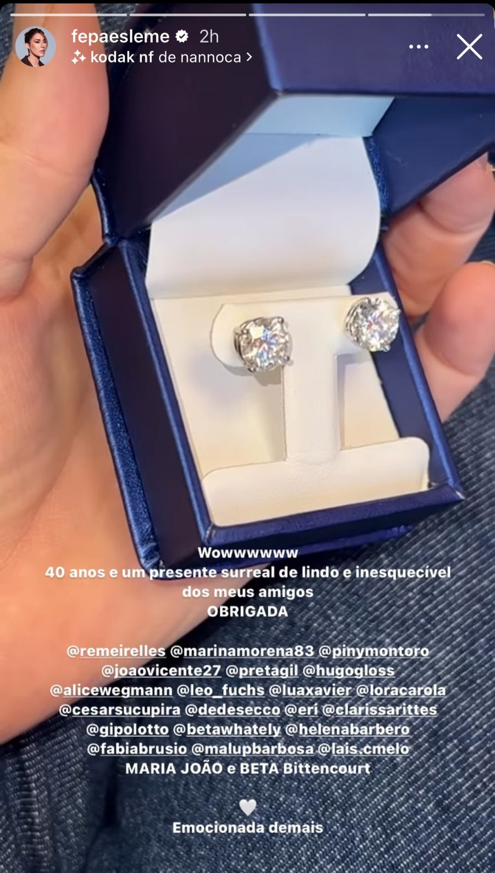 Fernanda Paes Leme mostra brincos de diamantes que ganhou de aniversário — Foto: Reprodução/Instagram