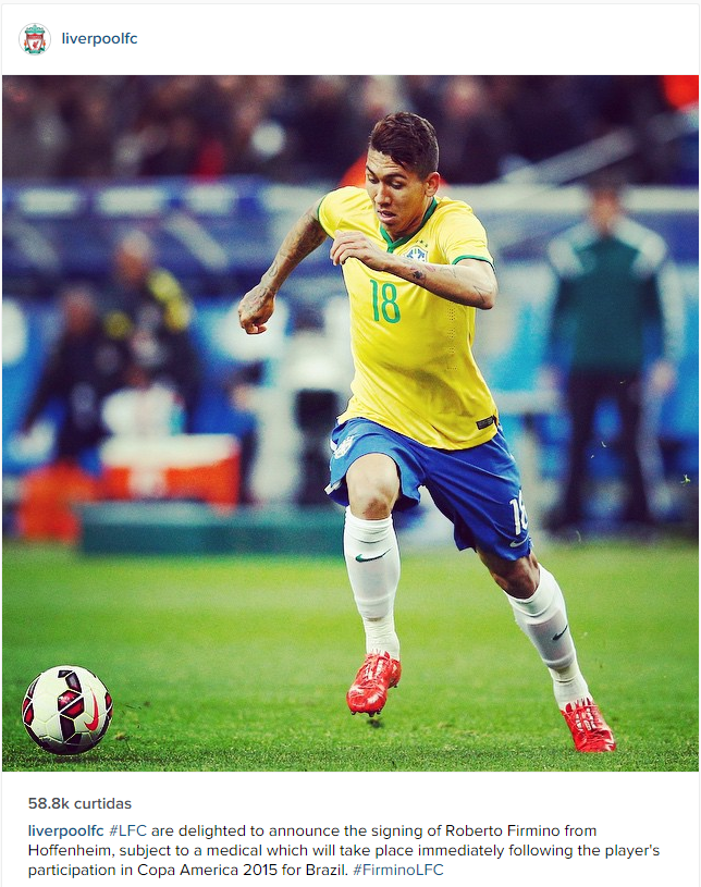 Liverpool anuncia Roberto Firmino via Instagram (Foto: Reprodução / Instagram)
