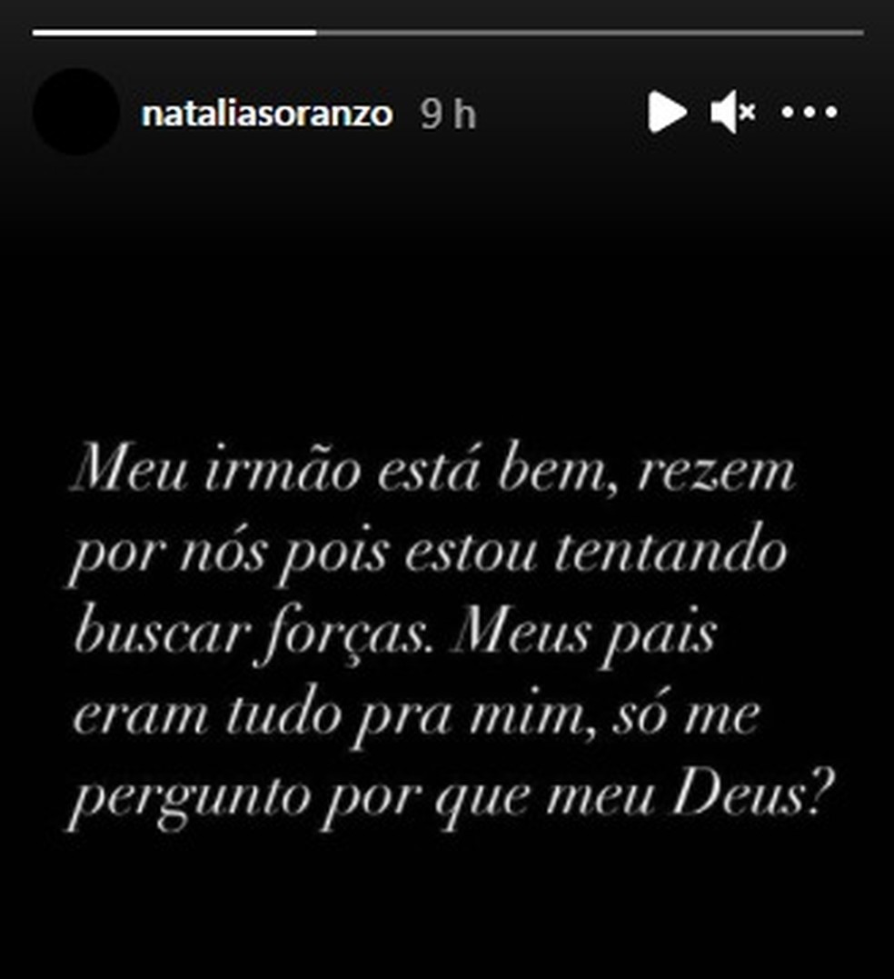 Publicação de Natália Soranzo nas redes sociais, após morte dos pais em acidente — Foto: Reprodução/Instagram