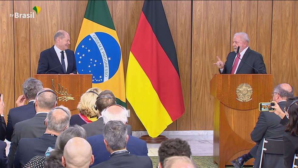 Lula e primeiro-ministro alemão — Foto: Reprodução/GloboNews