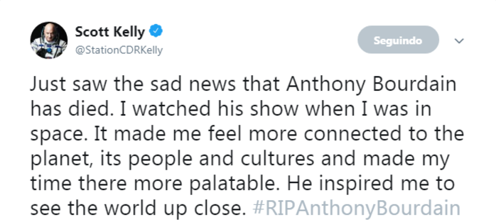Astronauta Scott Kelly lamentou a morte de Bourdain  (Foto: Reprodução/Twitter)