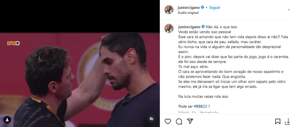 Junior Cigano detona Gustavo &mdash; Foto: Reprodu&ccedil;&atilde;o/Instagram