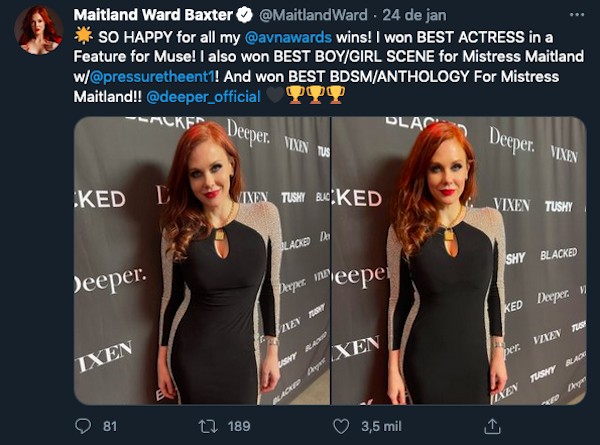O post da atriz Maitland Ward celebrando suas vitórias no AVN Awards 2021 (Foto: Twitter)