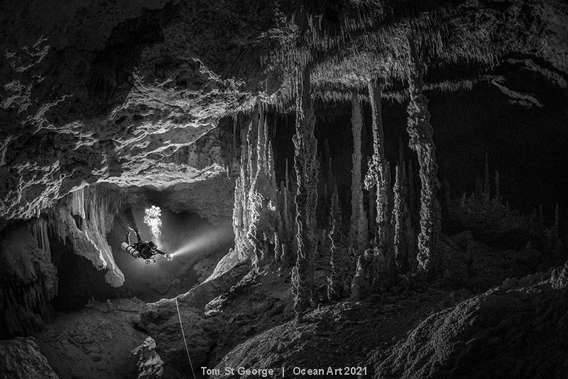Na fotografia, uma mergulhadora nada dentro de uma caverna no Cenote Zacil Ha, México (Foto: Tom St George)