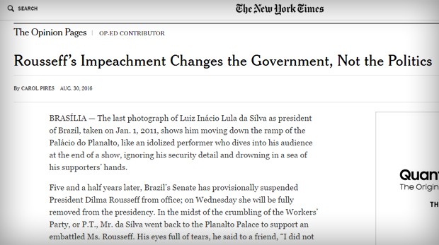 Artigo no NYT sobre o impeachment (Foto: Reprodução)