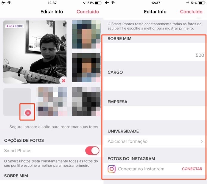 Ação para configurar fotos, vídeos e informações pessoais no Tinder (Foto: Reprodução/Marvin Costa) Ação para configurar fotos, vídeos e informações pessoais no Tinder (Foto: Reprodução/Marvin Costa)