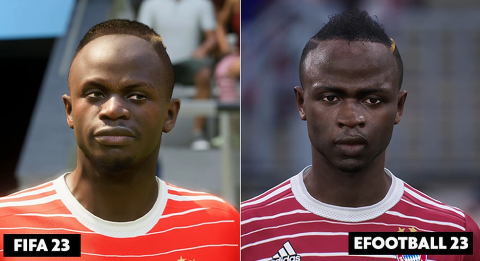 eFootball 2023 x FIFA 23: compare a face de Sadio Mané nos dois jogos — Foto: Infoesporte