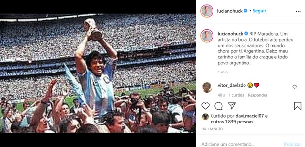 Luciano Huck lamenta morte de Maradona (Foto: Reprodução/ Instagram)