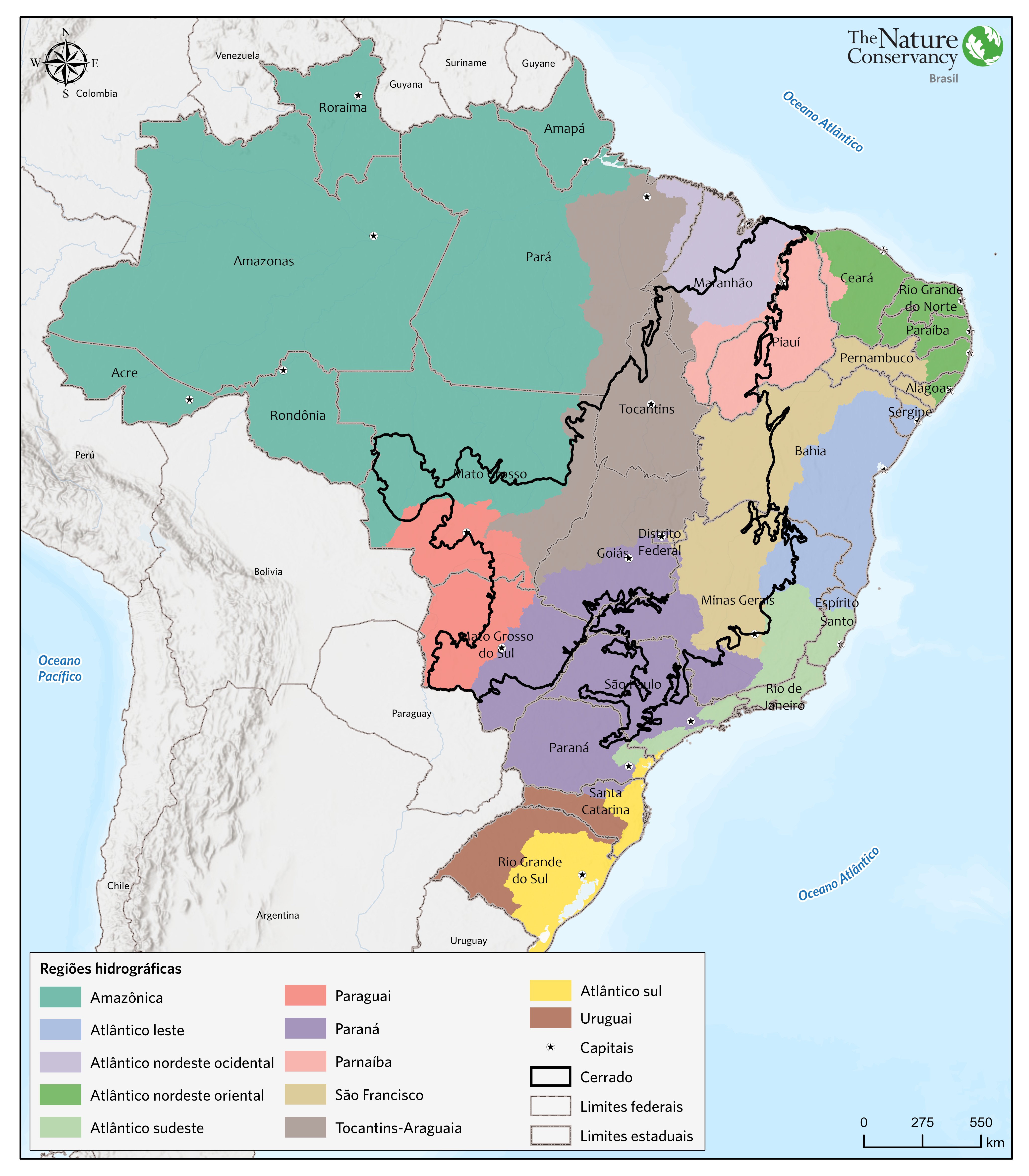Figura 1. Localização do Cerrado, incluindo estados e bacias hidrográficas sobrepostas (Foto:  IBGE e ANA. Elaborado pela TNC Brasil)