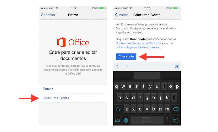Criando uma conta da Microsoft para utilizar todas as funções do Office no iOS (Foto: Reprodução/Marvin Costa)