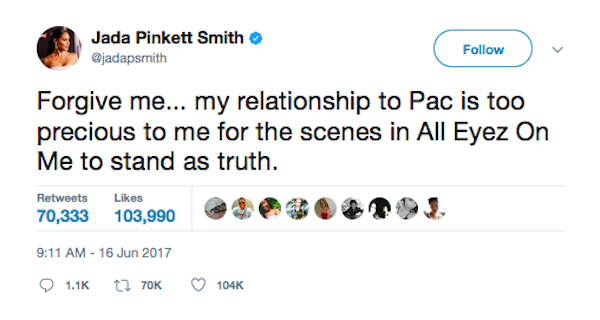 A crítica feita por Jada Pinkett Smith à cinebiografia de Tupac (Foto: Twitter)
