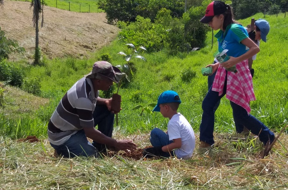 Alexandre Barbosa, de 6 anos, plantando mudas em Jaru (RO). — Foto: Grupo Água Viva/ Divulgação 