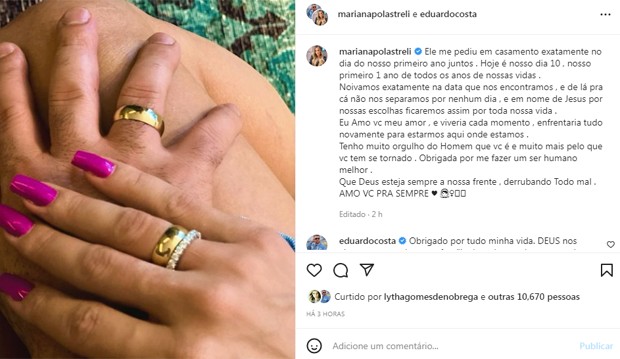 Eduardo Costa e Mariana Polastreli ficam noivos (Foto: Reprodução/Instagram)