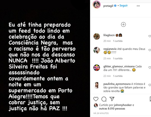 Famosos se manifestam após morte de João Alberto Silveira Freitas em mercado (Foto: Reprodução/ Instagram)