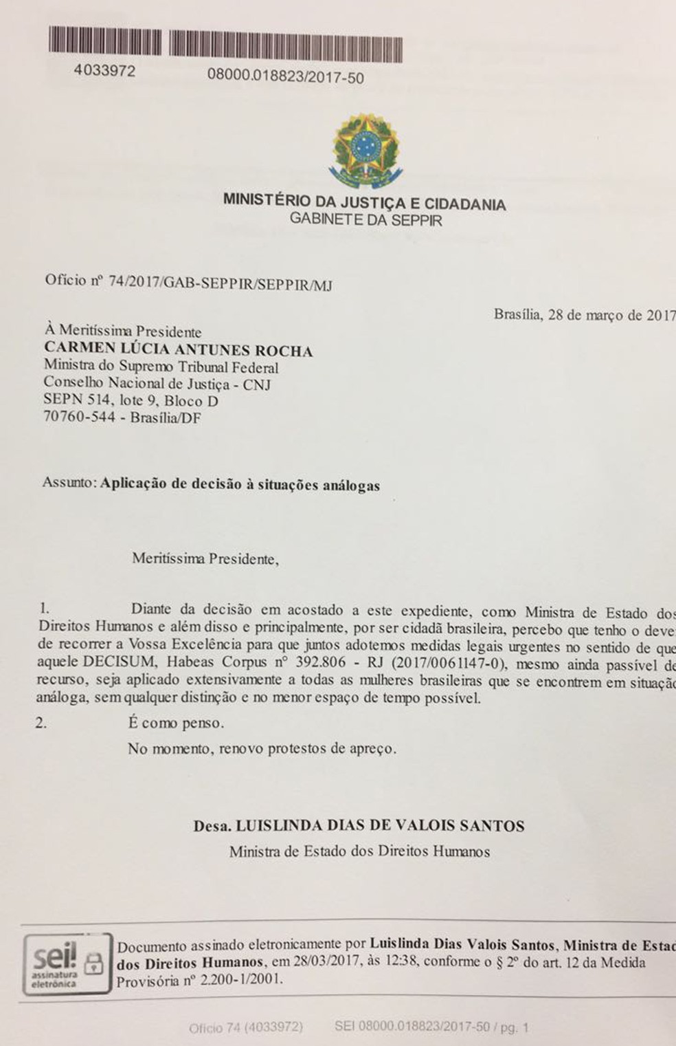 Ofício enviado pela ministra Luislinda Valois à presidente do STF, Cármen Lúcia (Foto: Reprodução)