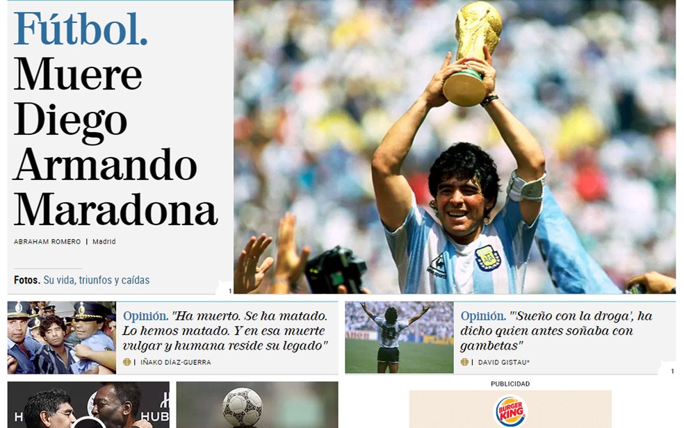Morte de Maradona também foi destaque no El Mundo, da Espanha — Foto: Reprodução/El Mundo
