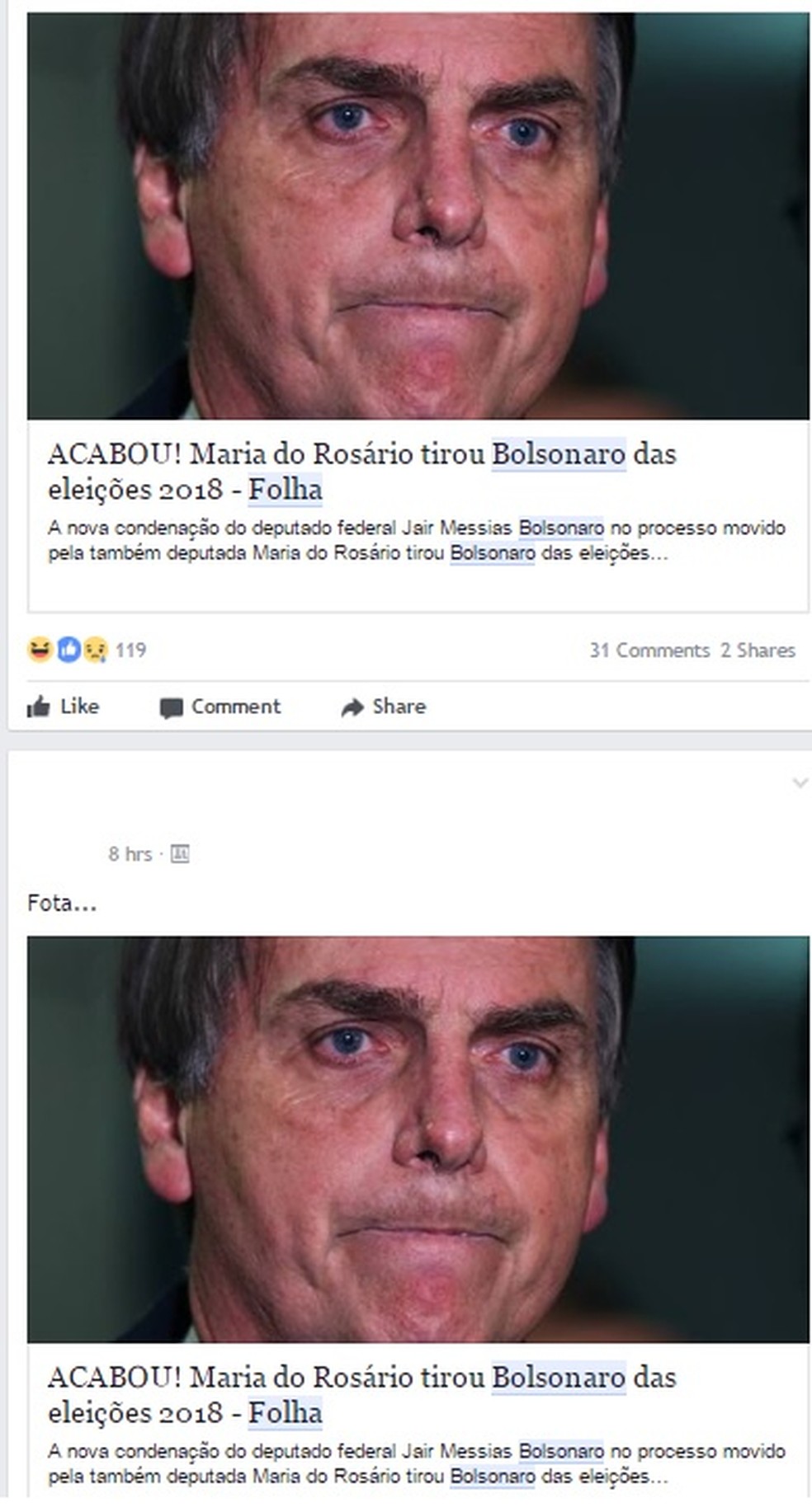 Posts  com notícia falsa sobre a inelegibilidade de Bolsonaro (Foto: Reprodução/ Facebook)