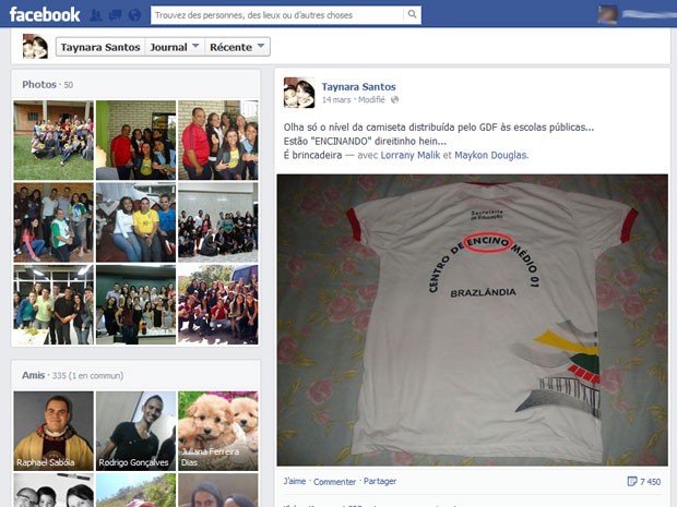 Página de irmã do estudante Maykon Santos, com a foto do uniforme escolar que traz a palavra ensino escrita com C (Foto: Facebook/Reprodução)
