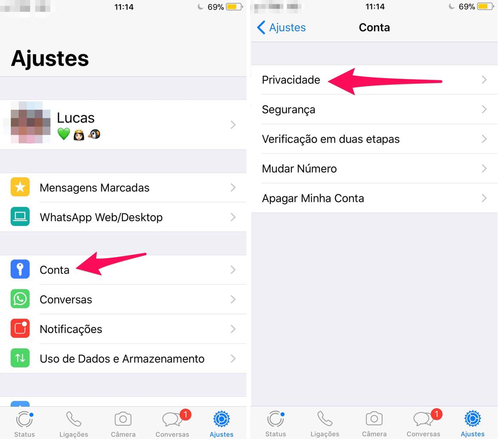 Escolha as opções de "Privacidade" no WhatsApp para iPhone (Foto: Reprodução/Lucas Mendes)