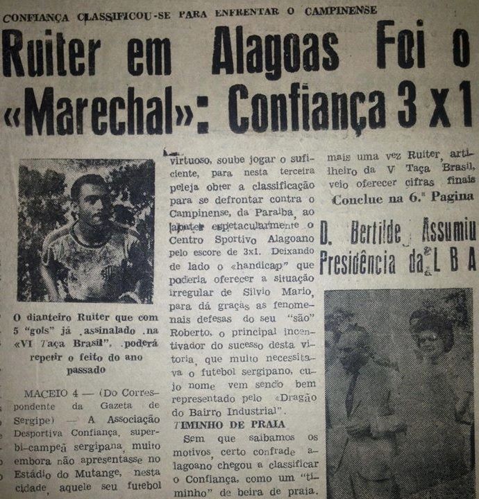 Confiança x CSA pela Taça Brasil de 1964, no Mutange, em Maceió (Foto: Gazeta de Sergipe)
