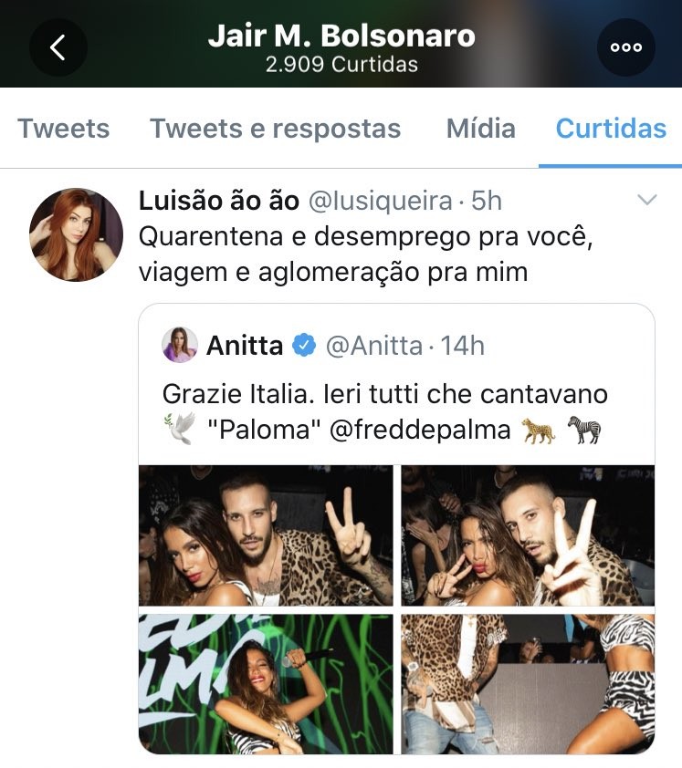 Presidente Jair Bolsonaro curte tweets com criticas à Anitta (Foto: Reprodução/Twitter)