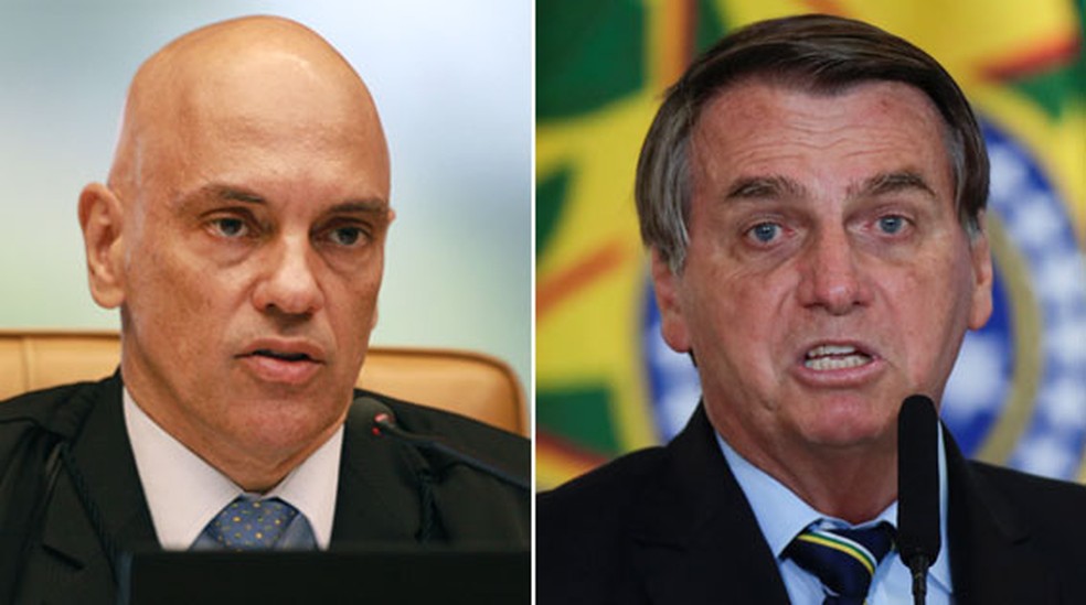 Montagem de fotos mostra o ministro do STF,  Alexandre de Moraes, e o presidente Jair Bolsonaro. — Foto: Nelson Jr./SCO/STF; Reuters/Ueslei Marcelino
