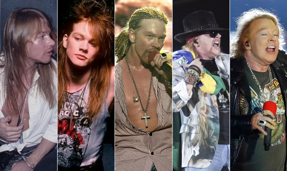 Axl Rose, vocalista do Guns N' Roses, em cinco tempos; grupo se apresenta no Rock in Rio, nesta quinta-feira
