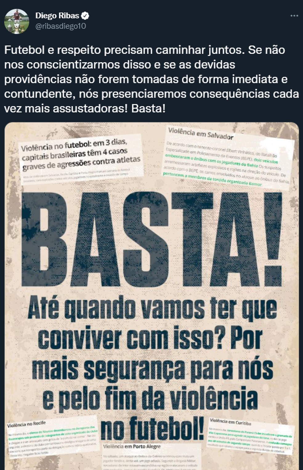 Diego Ribas se manifesta contra violência no futebol brasileiro — Foto: Reprodução / Redes Sociais