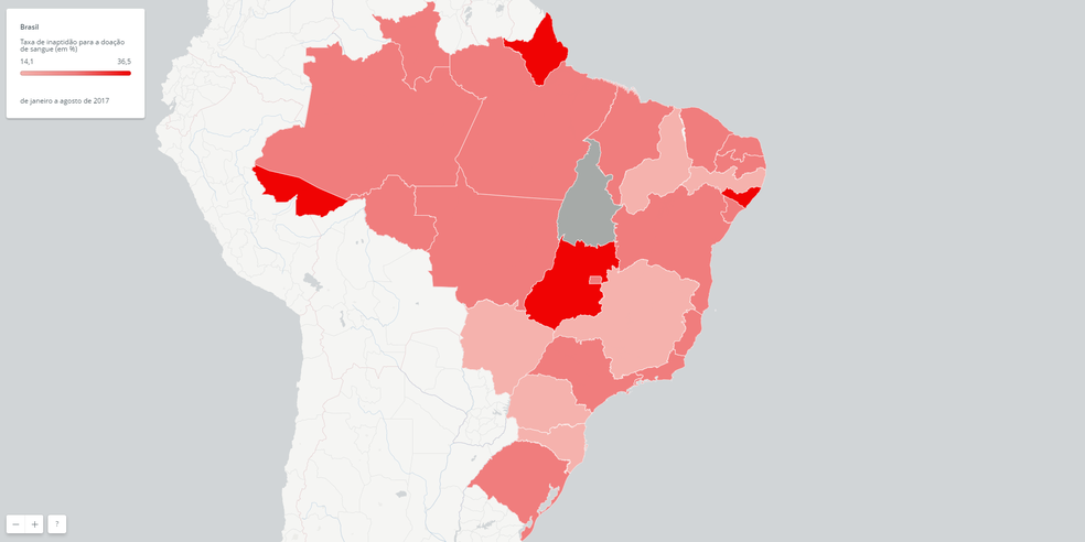 Mapa mostra percentual de candidatos inaptos para a doação de sangue no Brasil; quanto mais forte a cor, maior a taxa de impedimentos (Foto: Reprodução)