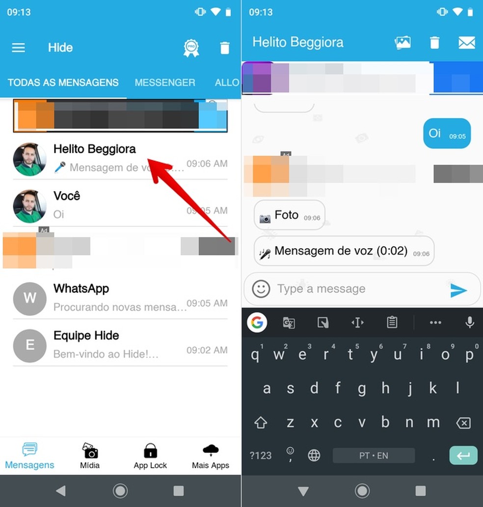 Visualizando mensagens recebidas com o Hide — Foto: Reprodução/Helito Beggiora