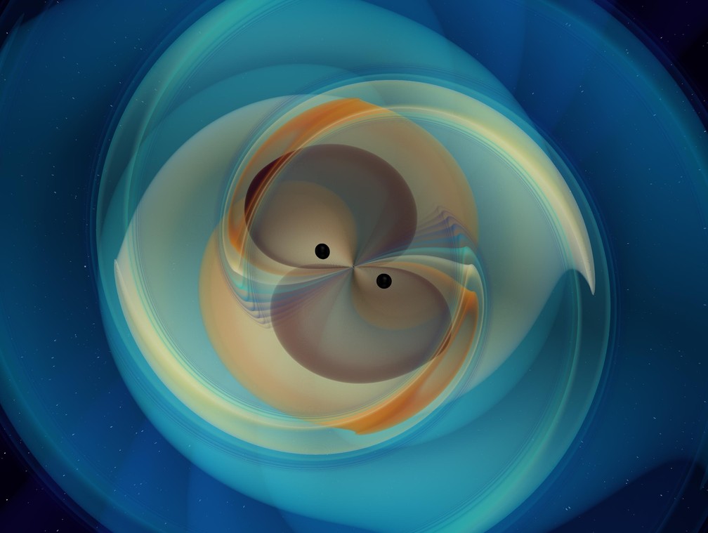 Ilustração feita a partir de uma simulação numérica mostra os dois buracos negros em espiral antes de se fundir, emitindo ondas gravitacionais — Foto: N. Fischer, H. Pfeiffer, A. Buonanno (Instituto de Física Gravitacional Max Planck), com colaboração do Simulating eXtreme Spacetimes (SXS).
