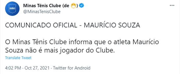 Publicação do Minas Tênis Clube (Foto: Reprodução/Twitter)