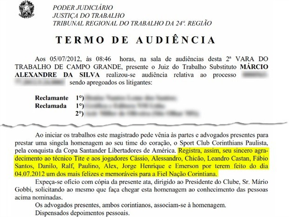 Ata da audiência com homenagem aos jogadores e técnico do Timão — Foto: Reprodução