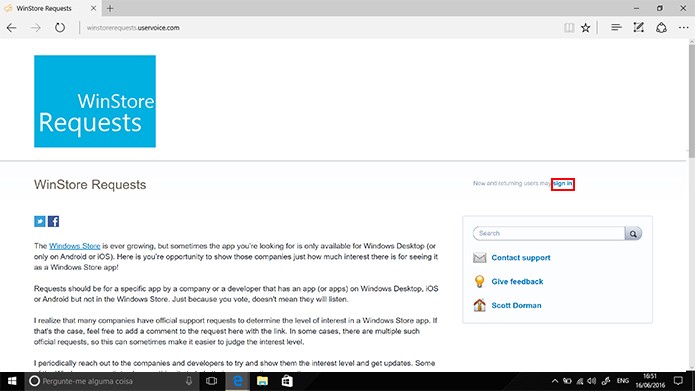 Usuário precisa se cadastrar para solicitar app para Windows 10 (Foto: Reprodução/Elson de SouzA)