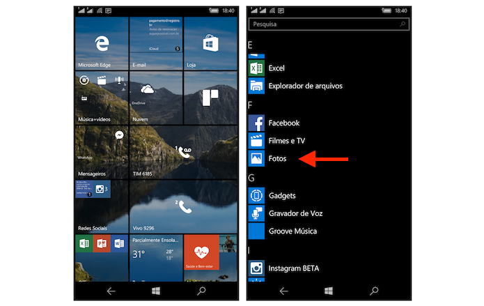 Acessando a ferramenta de fotos do Windows 10 Mobile (Foto: Reprodução/Marvin Costa)
