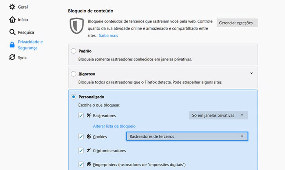 Configurando o bloqueio de rastreadores no Firefox. — Foto: Reprodução