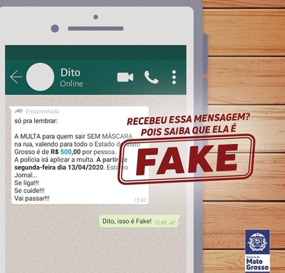 Mensagem sobre multa de R$ 500 é falsa, pois valores ainda não foram definidos — Foto: Governo de Mato Grosso