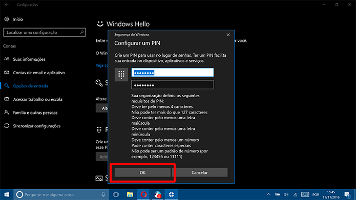 Clique em OK para salvar novo PIN complexo do Windows 10 (Foto: Reprodução/Elson de Souza)