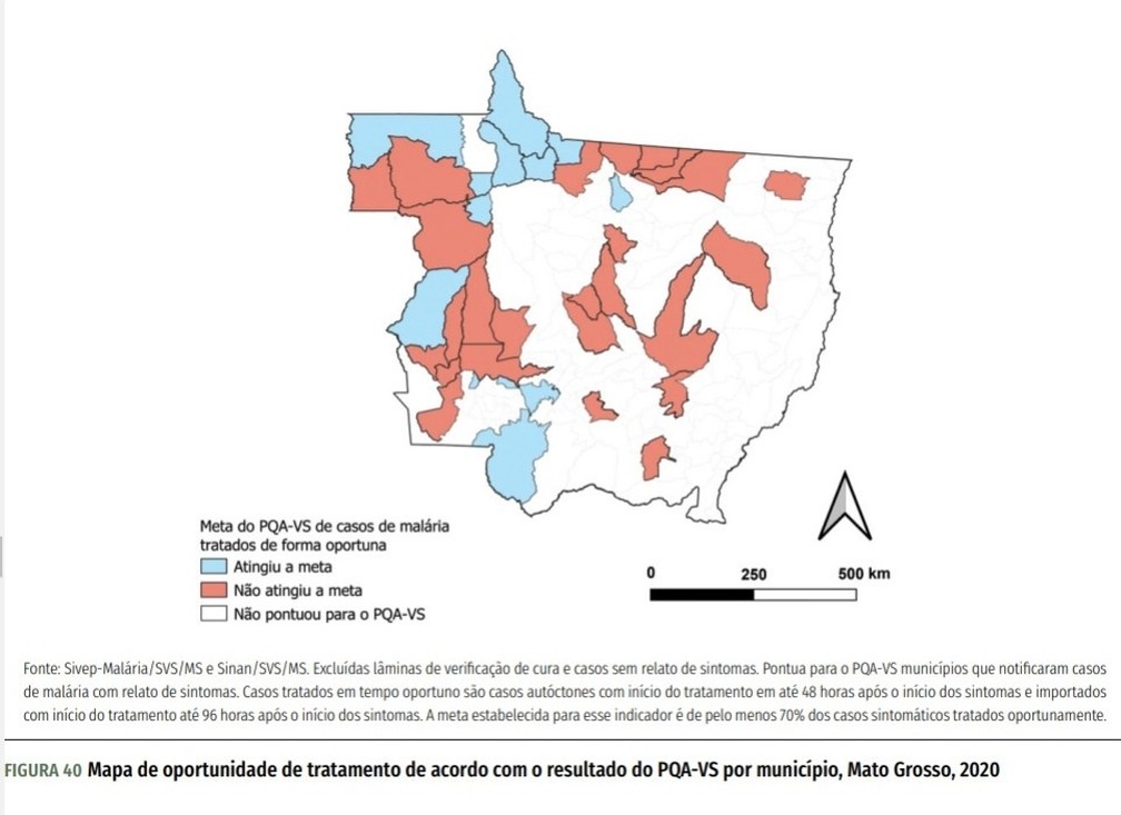 Mapa de oportunidade de tratamento de acordo com o resultado do PQA-VS por município, Mato Grosso, 2020 — Foto:  Ministério da Saúde