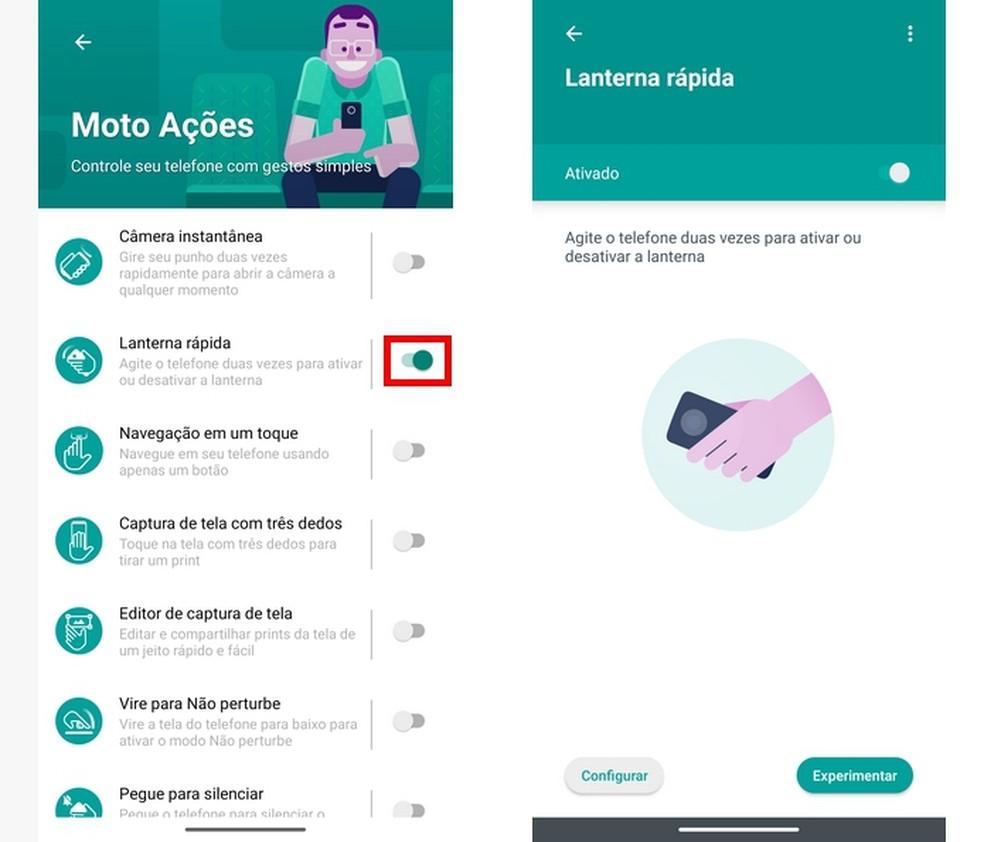 Ativação do atalho para ativar lanterna ao mexer celular no smartphone Motorola — Foto: Reprodução/Raquel Freire