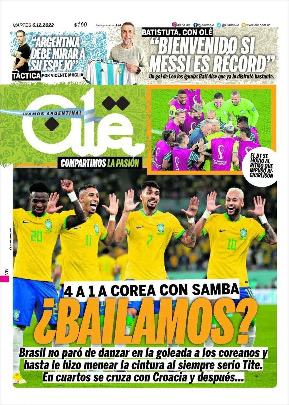 Capa do Diário Olé, da Argentina, no dia seguinte à vitória do Brasil sobre a Coreia do Sul na Copa do Mundo — Foto: Reprodução