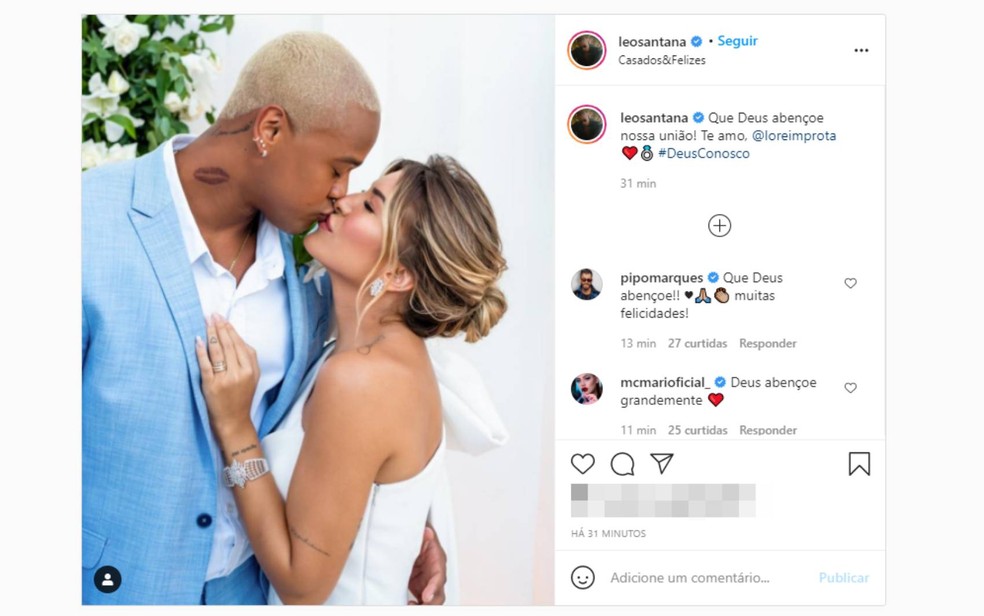 Léo Santana e Lorena Improta também anunciaram o casamento nas redes sociais — Foto: Reprodução/TV Bahia