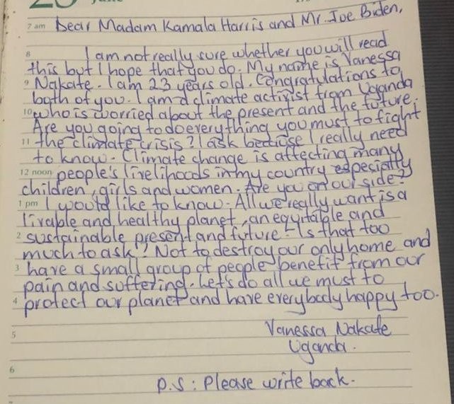 Carta de Vanessa Nakate para Kamala Harris e Joe Biden (Foto: reprodução/Instagram)