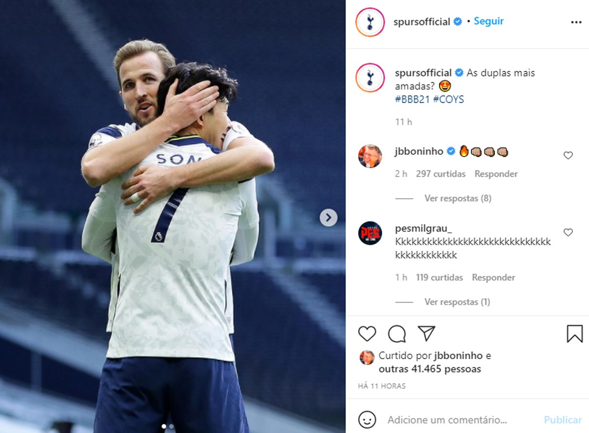 Tottenham faz post em português sobre Sarah e Gil, do BBB21 (Foto: Reprodução/Instagram)