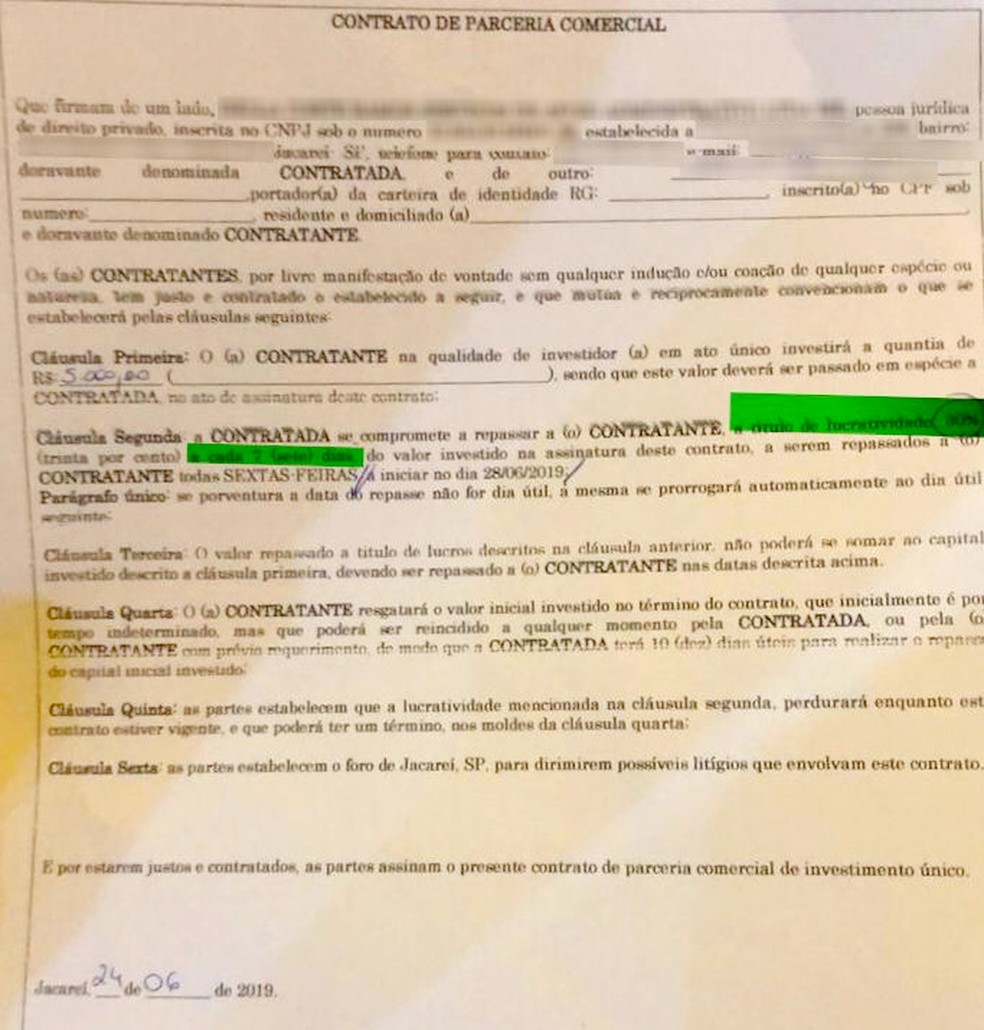 Vítimas faziam contrato de parceria comercial com suposta golpista em Jacareí — Foto: Arquivo pessoal