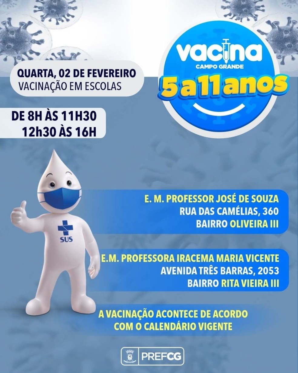 O funcionamento da vacinação nas escolas é das 8h às 16h, com intervalo para almoço das 11h30 às 12h30. — Foto: PMCG